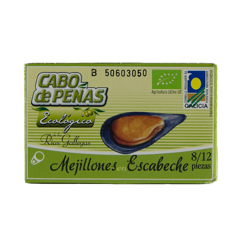 Mejillon escabeche Ecol&oacute;gico 8/12. 69 g. Cabo de Pe&ntilde;as.