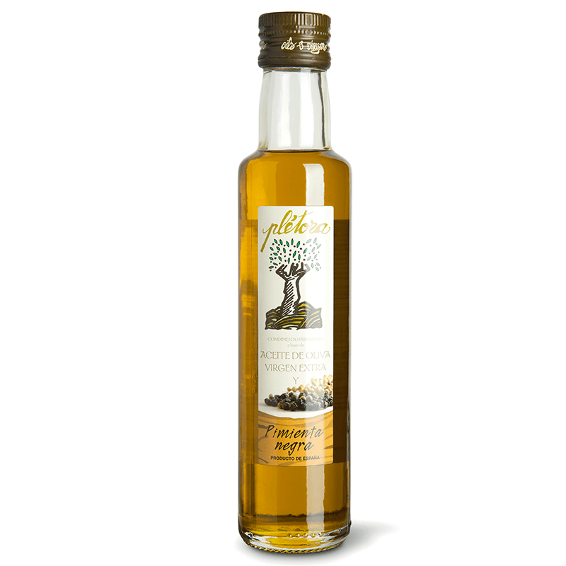 Aceite de oliva Virgen Extra a la Pimienta negra, 250 ml. Pl&eacute;tora.