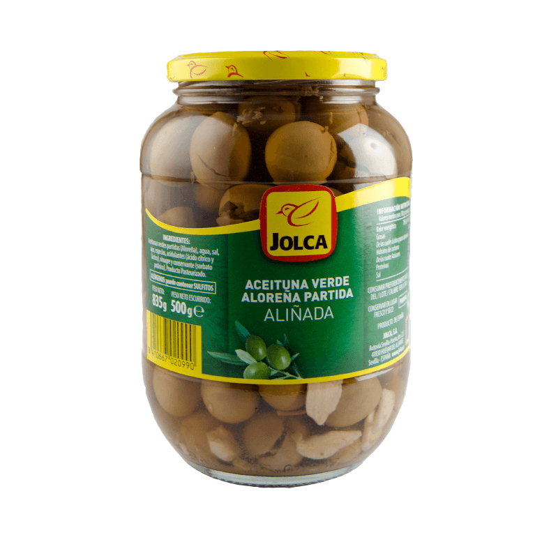 Aceituna Alore&ntilde;a partida y ali&ntilde;ada, 500 g. Jolca.