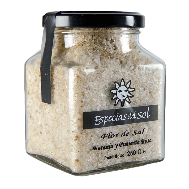 Flor de Sal, Naranja y Pimienta Rosa, Tarro 250 g. Especias del Sol