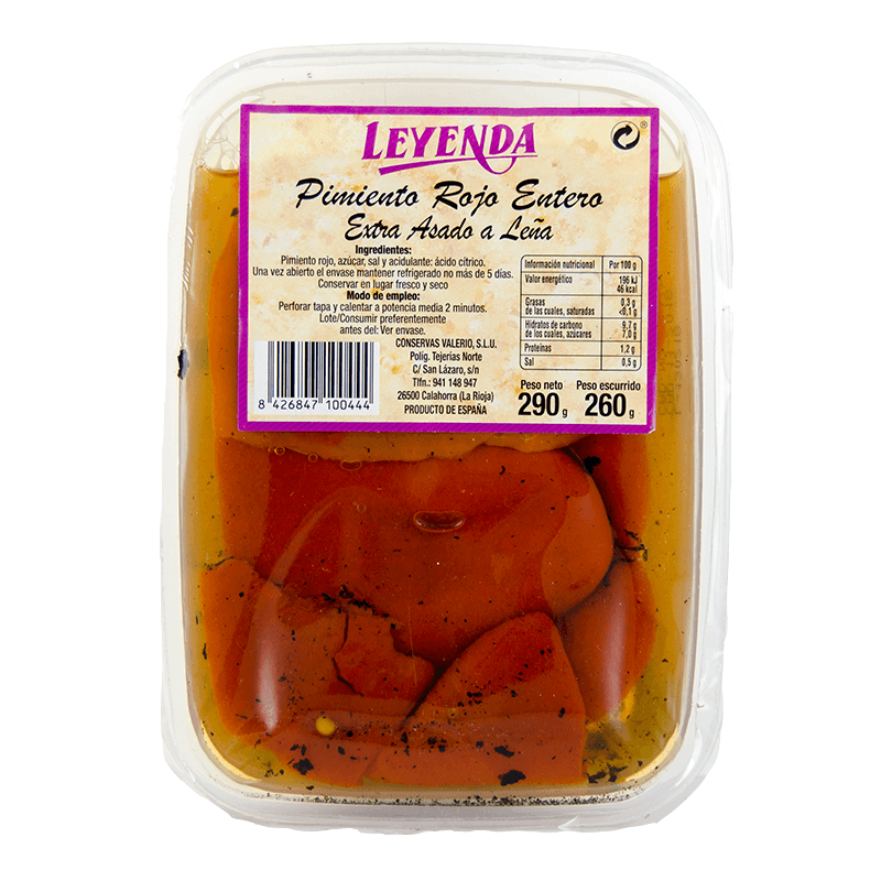 Pimiento Rojo Entero Extra Asado a Le&ntilde;a, 260 grs. Leyenda.