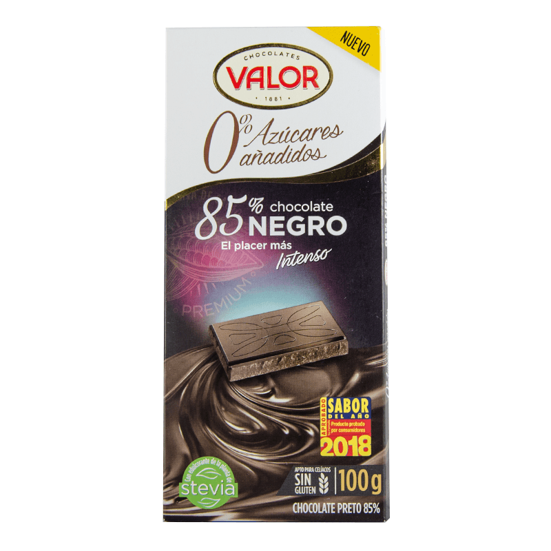Chocolate Negro 85% S/Az&uacute;car, 100 grs. Valor.