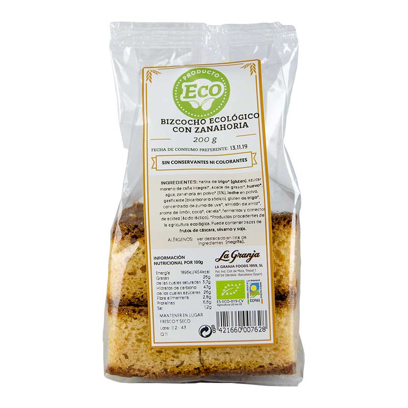 Bizcocho Ecol&oacute;gico con Zanahoria. 200 grs. La Granja.