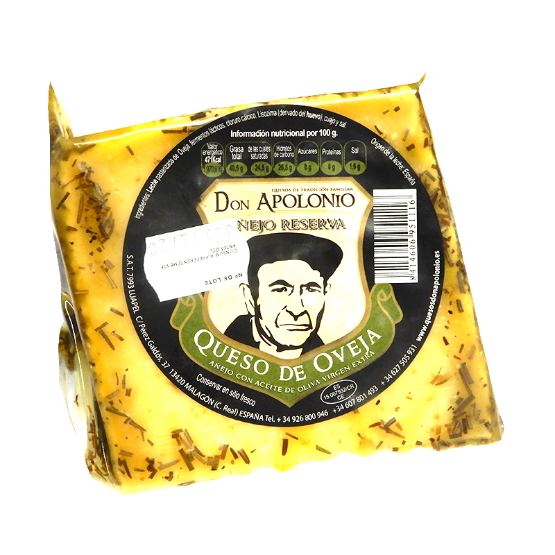 Cu&ntilde;a de 375 g de Queso Oveja A&ntilde;ejo en aceite de oliva y romero. Don Apolonio