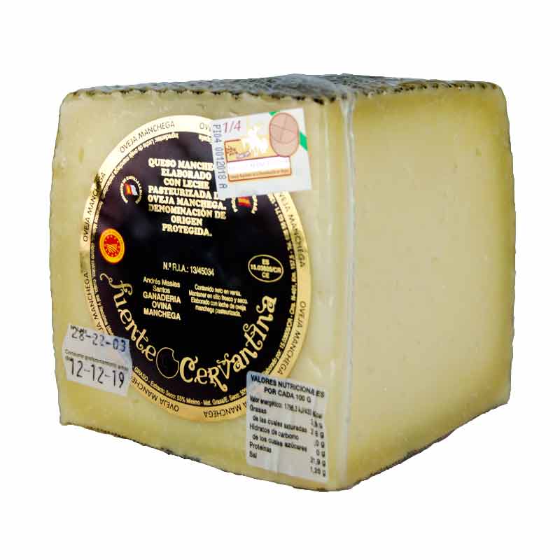 Cu&ntilde;a de 700 g de Queso de Oveja Manchego D.O.P. Fuente Cervantina. Queso Portezuelo.