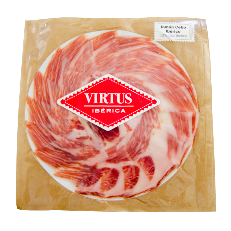Jam&oacute;n Cebo Ib&eacute;rico 50%. 24 meses. 100 grs. Corte cuchillo. Virtus Ib&eacute;rica.