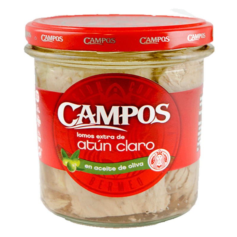 At&uacute;n claro en aceite de oliva Campos. Frasco 220 g.